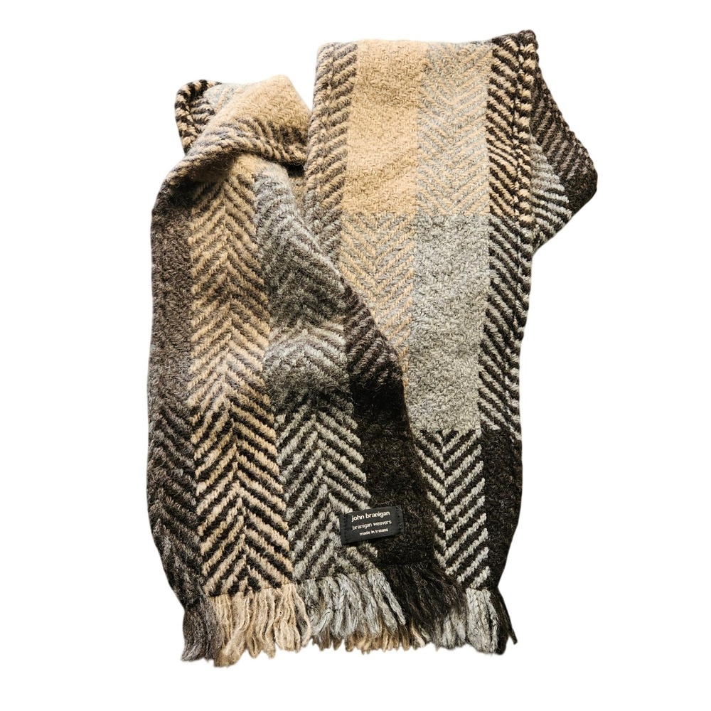 John Branigan Weavers Ireland Wool Blend Herringbone Scarf Brown Tan Grey Fringe